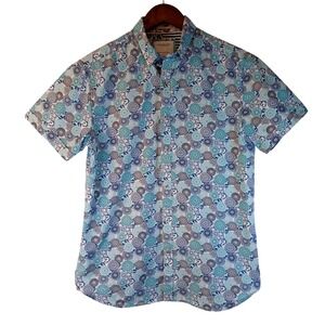 Ricky Singh DENIM & FLOWER Mens SS Button Down Shirt Blue Geometric Print Small